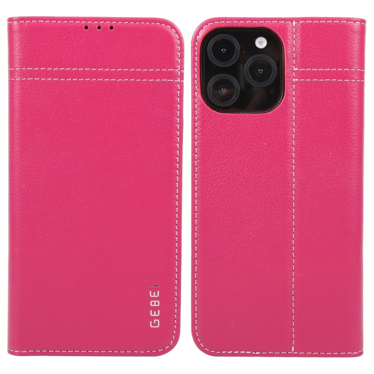 For iPhone 16 Pro GEBEI Top-grain Horizontal Flip Leather Phone Case(Rose Red) - iPhone 16 Pro Cases by GEBEI | Online Shopping UK | buy2fix