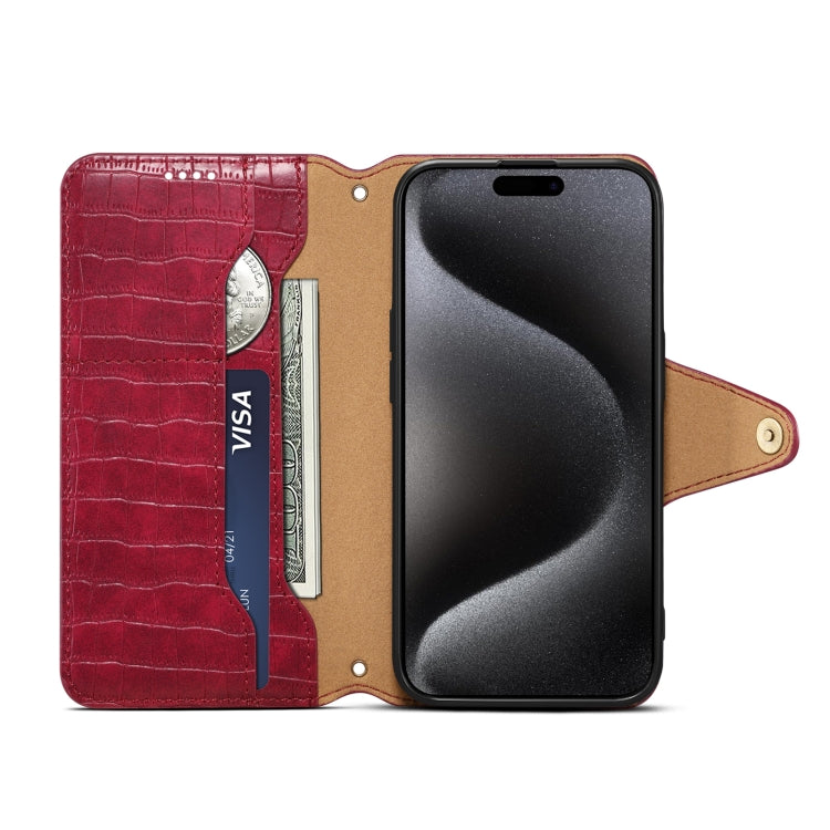 For iPhone 16 Plus Denior Crocodile Texture Oil Edge Leather Phone Case(Rose Red) - iPhone 16 Plus Cases by Denior | Online Shopping UK | buy2fix