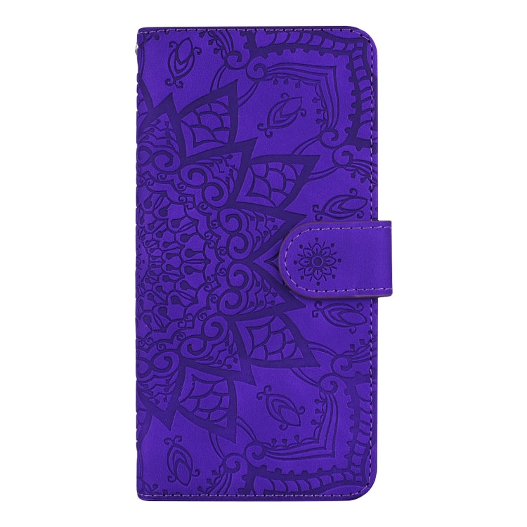 For iPhone 16 Mandala Embossed Dual-Fold Calf Leather Phone Case(Purple) - iPhone 16 Cases by buy2fix | Online Shopping UK | buy2fix