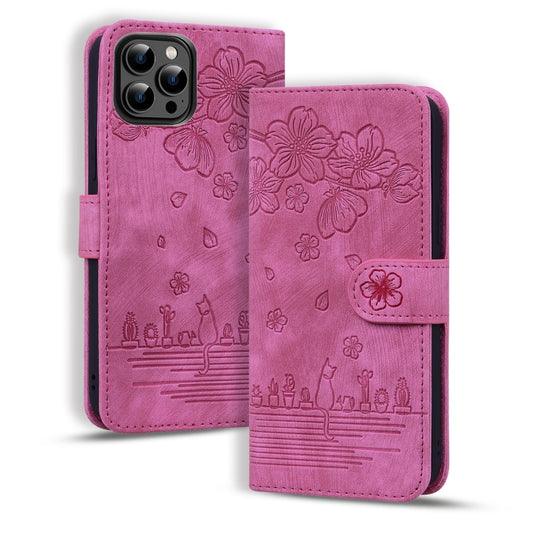 For iPhone 16 Pro Cartoon Sakura Cat Embossed Leather Phone Case(Rose Red) - iPhone 16 Pro Cases by buy2fix | Online Shopping UK | buy2fix