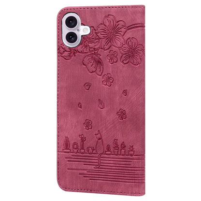 For iPhone 16 Plus Cartoon Sakura Cat Embossed Leather Phone Case(Wine Red) - iPhone 16 Plus Cases by buy2fix | Online Shopping UK | buy2fix