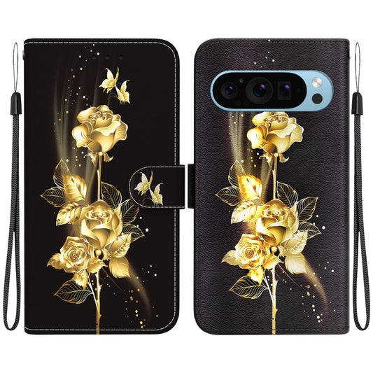 For Google Pixel 9 Pro Crystal Texture Colored Drawing Leather Phone Case(Gold Butterfly Rose) - Google Cases by buy2fix | Online Shopping UK | buy2fix