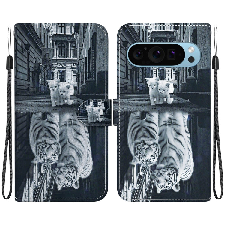 For Google Pixel 9 Pro Crystal Texture Colored Drawing Leather Phone Case(Cat Tiger Reflection) - Google Cases by buy2fix | Online Shopping UK | buy2fix