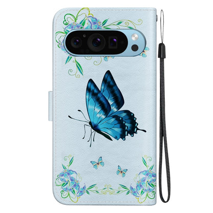 For Google Pixel 9 Pro Crystal Texture Colored Drawing Leather Phone Case(Blue Pansies) - Google Cases by buy2fix | Online Shopping UK | buy2fix