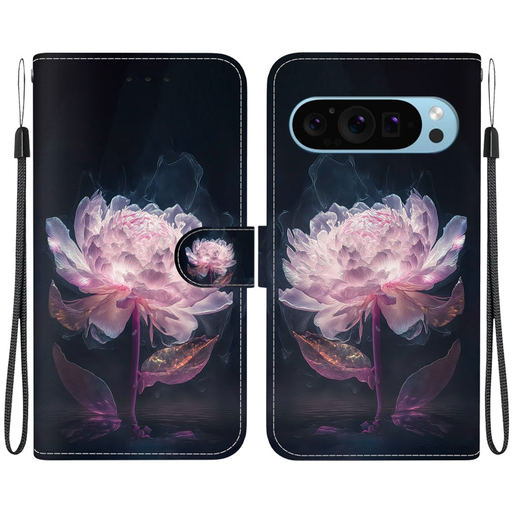 For Google Pixel 9 Crystal Texture Colored Drawing Leather Phone Case(Purple Peony) - Google Cases by buy2fix | Online Shopping UK | buy2fix