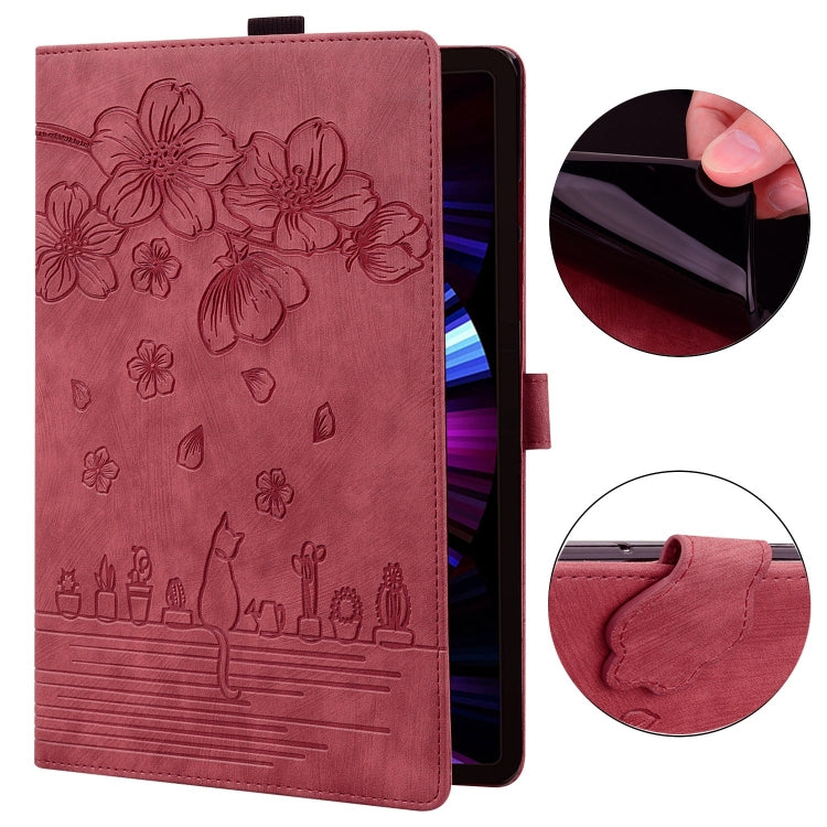 For Samsung Galaxy Tab S9+ /S8+ /S7+ Cartoon Sakura Cat Embossed Smart Leather Tablet Case(Red) - Galaxy Tab S9+ Cases by buy2fix | Online Shopping UK | buy2fix