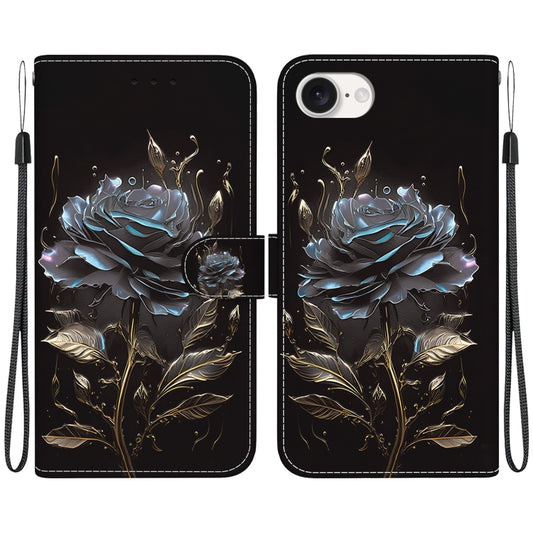 For iPhone 16e Crystal Texture Colored Drawing Leather Phone Case(Black Rose) - iPhone 16e Cases by buy2fix | Online Shopping UK | buy2fix