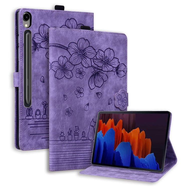 For Samsung Galaxy Tab S9 FE Cartoon Sakura Cat Embossed Leather Tablet Case(Purple) - Galaxy Tab S9 FE by buy2fix | Online Shopping UK | buy2fix