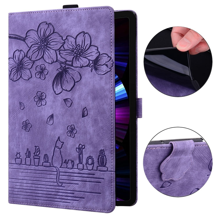 For Samsung Galaxy Tab S9 FE Cartoon Sakura Cat Embossed Leather Tablet Case(Purple) - Galaxy Tab S9 FE by buy2fix | Online Shopping UK | buy2fix