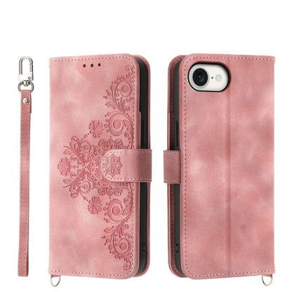 For iPhone 16e Skin-feel Flowers Embossed Wallet Leather Phone Case(Pink) - iPhone 16e Cases by buy2fix | Online Shopping UK | buy2fix