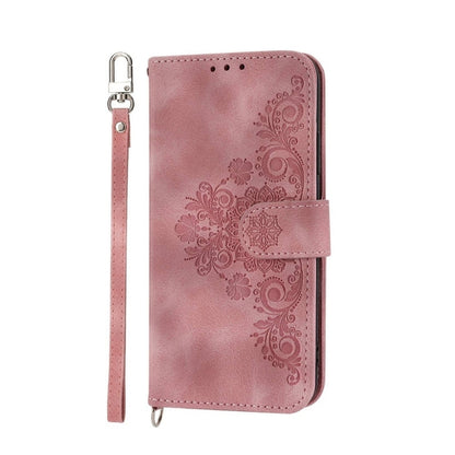 For iPhone 16e Skin-feel Flowers Embossed Wallet Leather Phone Case(Pink) - iPhone 16e Cases by buy2fix | Online Shopping UK | buy2fix