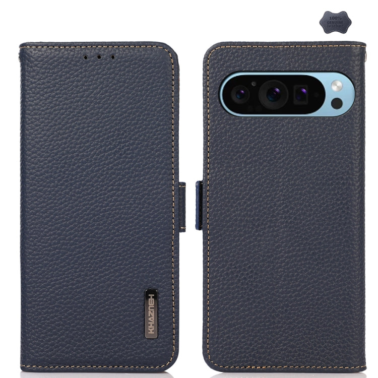 For Google Pixel 9 KHAZNEH Side-Magnetic Litchi Genuine Leather RFID Phone Case(Blue) - Google Cases by buy2fix | Online Shopping UK | buy2fix