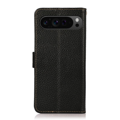 For Google Pixel 9 Pro KHAZNEH Side-Magnetic Litchi Genuine Leather RFID Phone Case(Black) - Google Cases by buy2fix | Online Shopping UK | buy2fix