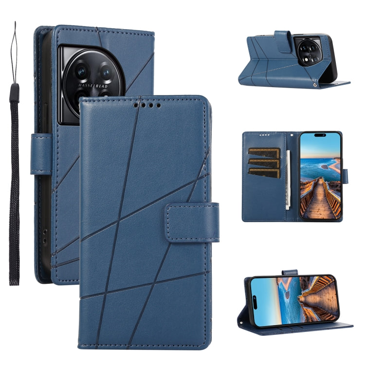 For OnePlus 11 PU Genuine Leather Texture Embossed Line Phone Case(Blue) - OnePlus Cases by buy2fix | Online Shopping UK | buy2fix