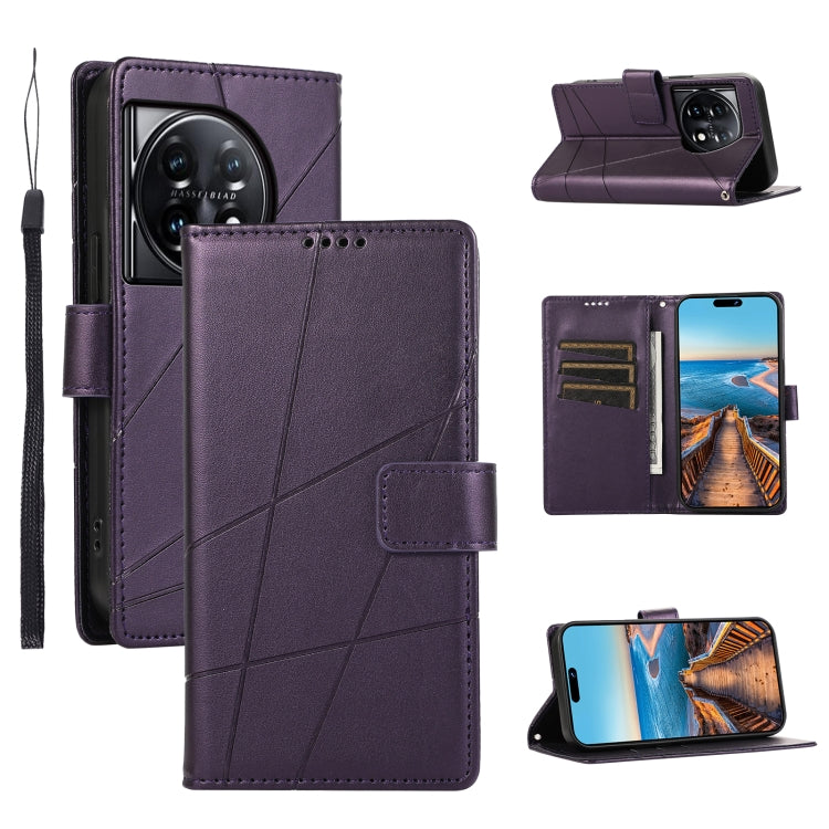 For OnePlus 11 PU Genuine Leather Texture Embossed Line Phone Case(Purple) - OnePlus Cases by buy2fix | Online Shopping UK | buy2fix