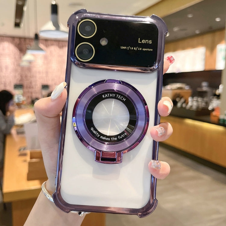 For iPhone 12 MagSafe Holder Shockproof TPU Phone Case with Lens Film(Purple) - iPhone 12 / 12 Pro Cases by buy2fix | Online Shopping UK | buy2fix