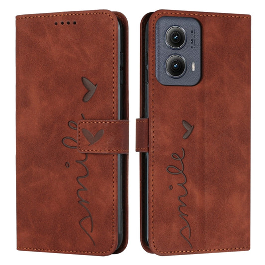 For Motorola Edge 5G 2024 Skin Feel Heart Embossed Leather Phone Case with Long Lanyard(Brown) - Motorola Cases by buy2fix | Online Shopping UK | buy2fix