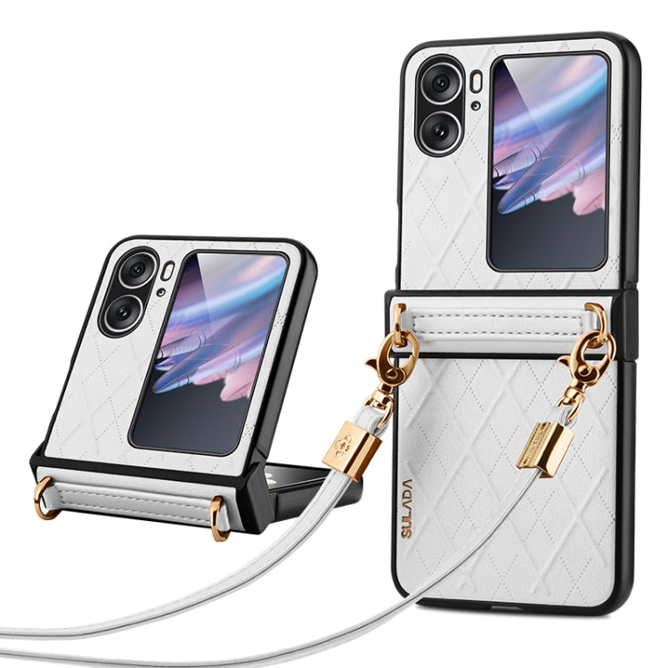 For OPPO Find N2 Flip SULADA Elegant Rhombic Texture Folding Phone Case with Lanyard(White) - Find N2 Flip Cases by SULADA | Online Shopping UK | buy2fix