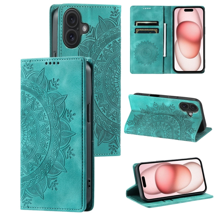 For iPhone 16 Plus Totem Embossed Magnetic Leather Phone Case(Green) - iPhone 16 Plus Cases by buy2fix | Online Shopping UK | buy2fix