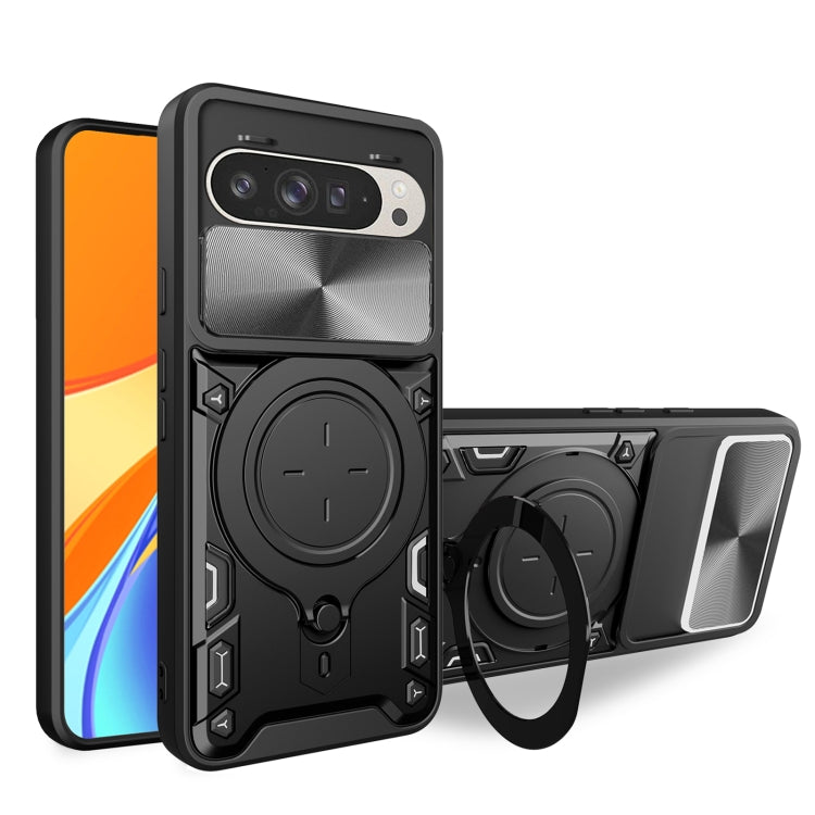 For Google Pixel 9 / 9 Pro CD Texture Sliding Camshield Magnetic Holder Phone Case(Black) - Google Cases by buy2fix | Online Shopping UK | buy2fix