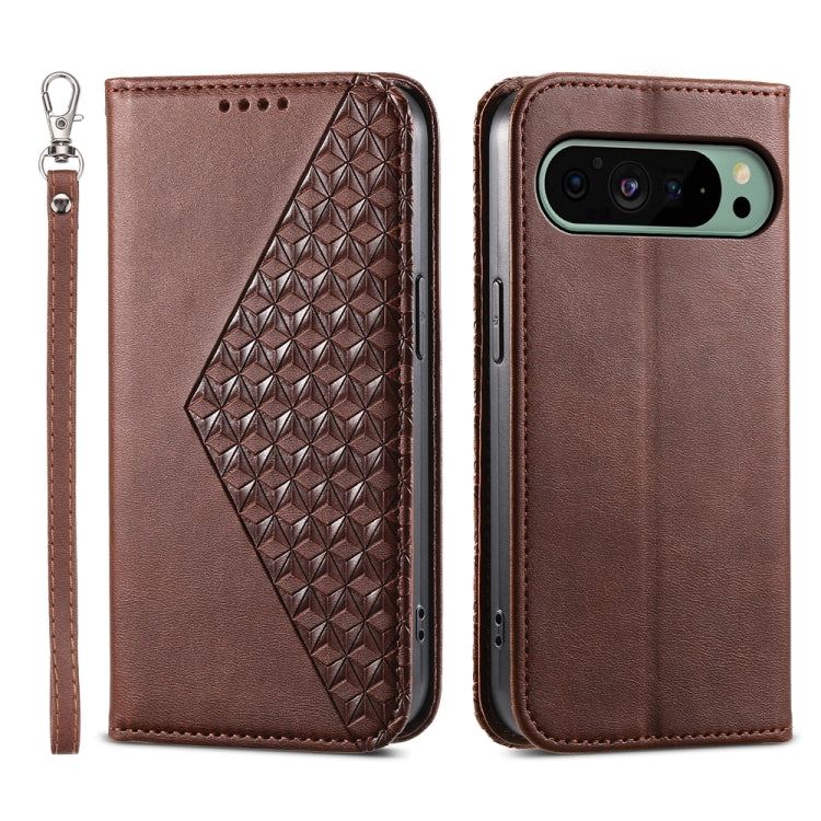 For Google Pixel 9 Cubic Grid Calf Texture Magnetic Leather Phone Case(Brown) - Google Cases by buy2fix | Online Shopping UK | buy2fix