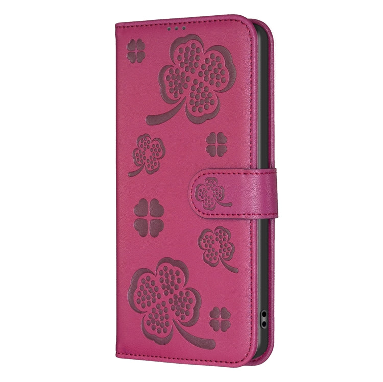 For iPhone 16 Pro Max Four-leaf Embossed Leather Phone Case(Rose Red) - iPhone 16 Pro Max Cases by buy2fix | Online Shopping UK | buy2fix