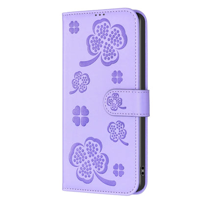 For iPhone 16 Pro Max Four-leaf Embossed Leather Phone Case(Purple) - iPhone 16 Pro Max Cases by buy2fix | Online Shopping UK | buy2fix