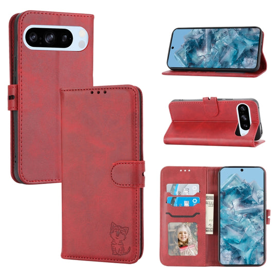 For Google Pixel 9 Pro Embossed Happy Cat Pattern Flip Leather Phone Case(Red) - Google Cases by buy2fix | Online Shopping UK | buy2fix