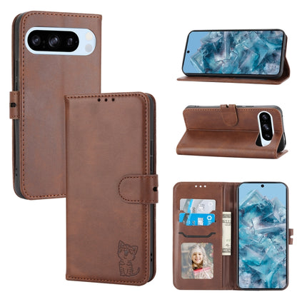 For Google Pixel 9 Pro Embossed Happy Cat Pattern Flip Leather Phone Case(Brown) - Google Cases by buy2fix | Online Shopping UK | buy2fix