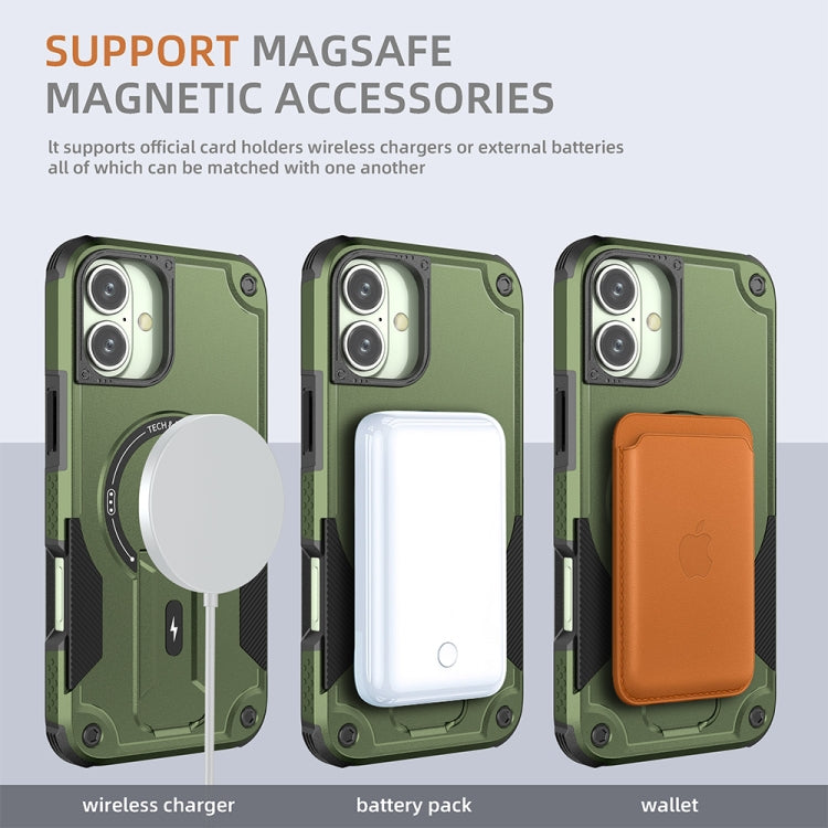 For iPhone 16 Plus Armor Magsafe Holder PC Hybrid TPU Phone Case(Army Green) - iPhone 16 Plus Cases by buy2fix | Online Shopping UK | buy2fix