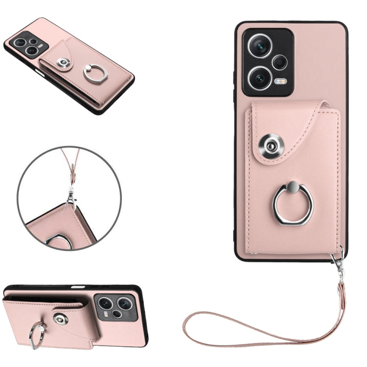 For Xiaomi Poco X5/Redmi Note 12 5G Global Organ Card Bag Ring Holder PU Phone Case with Lanyard(Pink) - Xiaomi Cases by buy2fix | Online Shopping UK | buy2fix