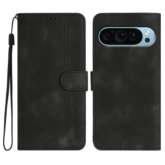 For Google Pixel 9 Pro Heart Pattern Skin Feel Leather Phone Case(Black) - Google Cases by buy2fix | Online Shopping UK | buy2fix