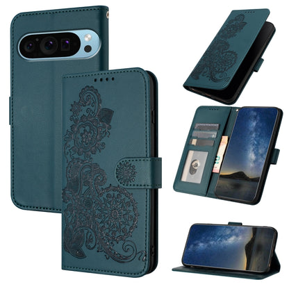 For Google Pixel 9 Pro Datura Flower Embossed Flip Leather Phone Case(Dark Green) - Google Cases by buy2fix | Online Shopping UK | buy2fix