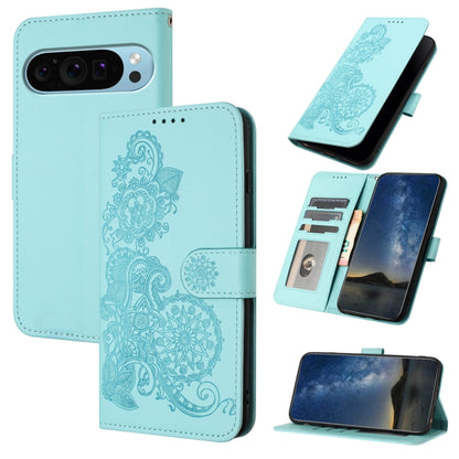 For Google Pixel 9 Datura Flower Embossed Flip Leather Phone Case(Light blue) - Google Cases by buy2fix | Online Shopping UK | buy2fix