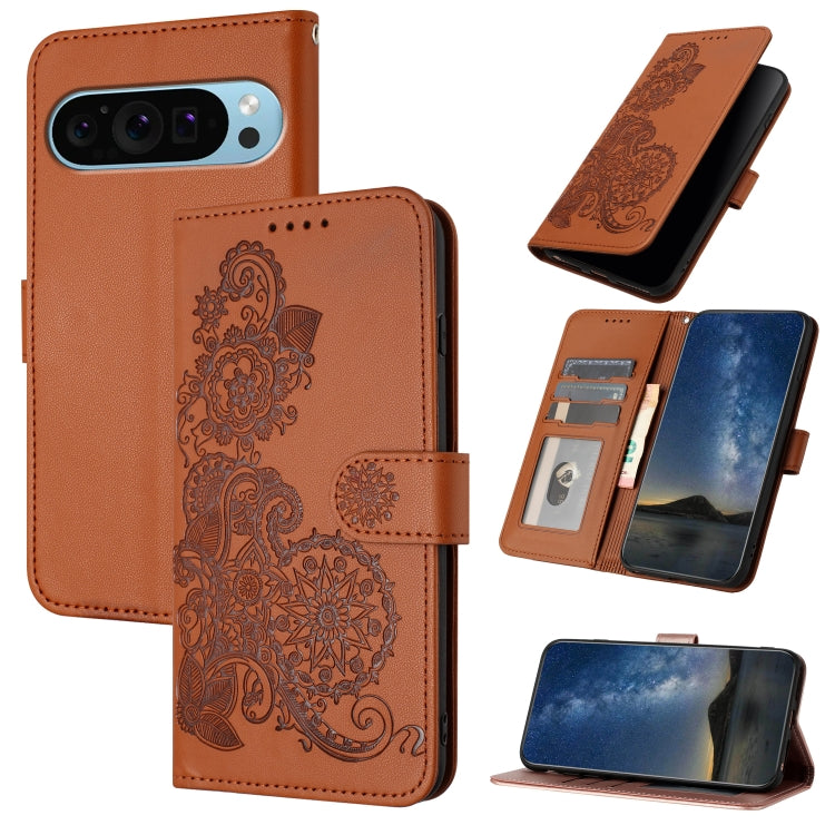 For Google Pixel 9 Datura Flower Embossed Flip Leather Phone Case(Brown) - Google Cases by buy2fix | Online Shopping UK | buy2fix