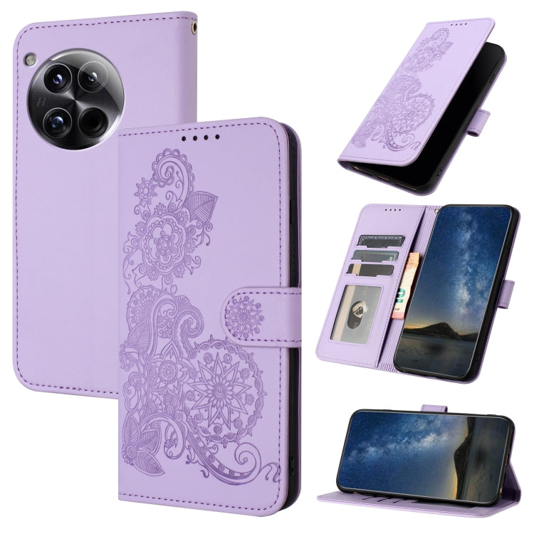 For OnePlus 12 Datura Flower Embossed Flip Leather Phone Case(Purple) - OnePlus Cases by buy2fix | Online Shopping UK | buy2fix