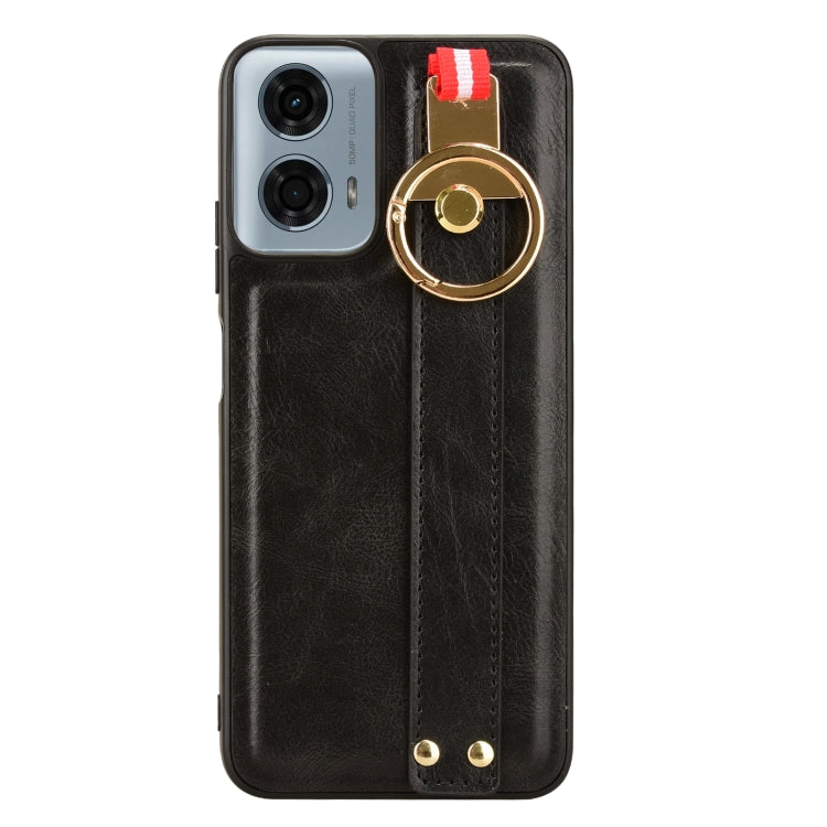 For Motorola Moto G 5G 2024 Wristband Leather Back Phone Case(Black) - Motorola Cases by buy2fix | Online Shopping UK | buy2fix