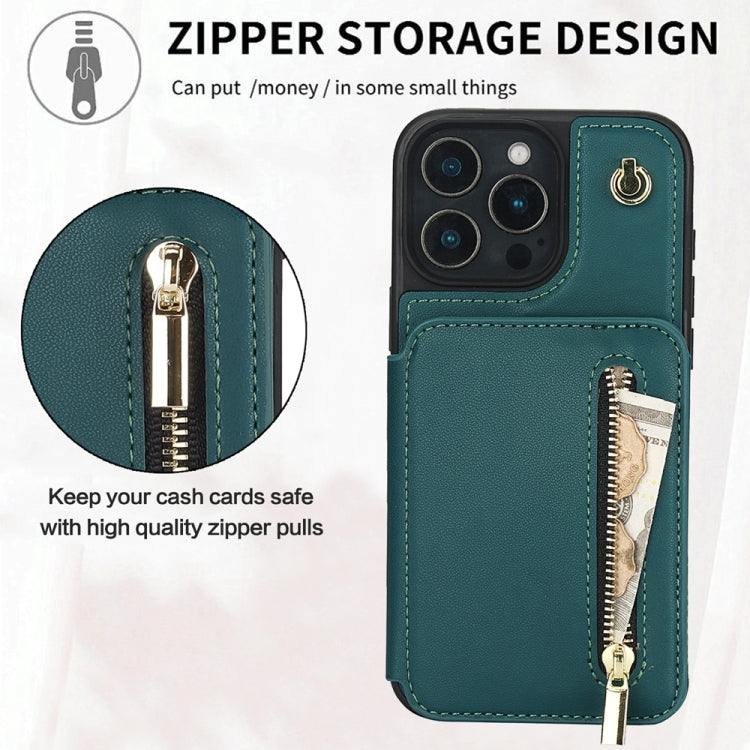 For iPhone 16 Pro YM006 Skin Feel Zipper Card Bag Phone Case with Dual Lanyard(Green) - iPhone 16 Pro Cases by buy2fix | Online Shopping UK | buy2fix