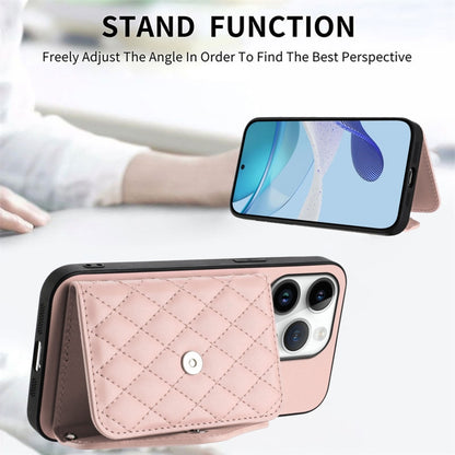 For iPhone 16 Pro Rhombic Texture Card Bag RFID Phone Case with Long Lanyard(Rose Gold) - iPhone 16 Pro Cases by buy2fix | Online Shopping UK | buy2fix