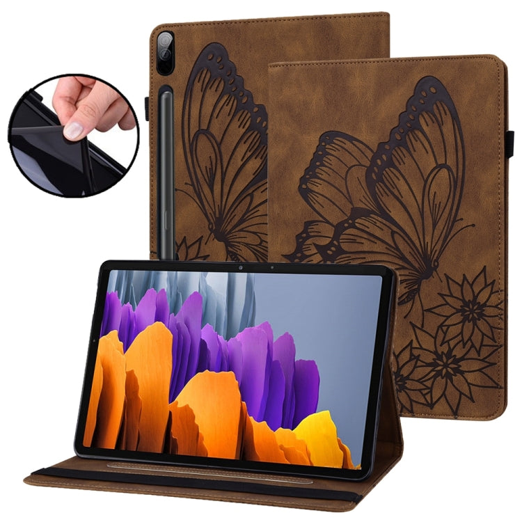 For Samsung Galaxy Tab S9 FE+ / S9+ / S8+ Big Butterfly Embossed Leather Tablet Case(Brown) - Galaxy Tab S9+ Cases by buy2fix | Online Shopping UK | buy2fix