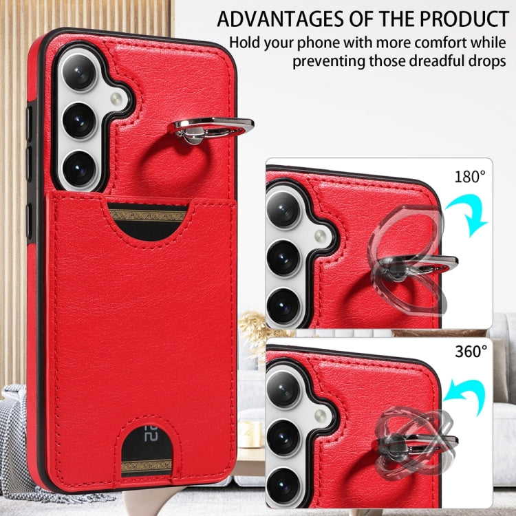 For Samsung Galaxy S24 5G Calf Texture Card Slot Ring Holder Phone Case(Red) - Galaxy S24 5G Cases by buy2fix | Online Shopping UK | buy2fix