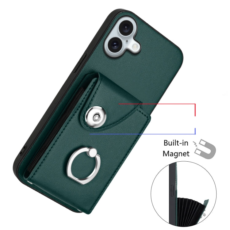 For iPhone 16 Plus Organ Card Bag Ring Holder Phone Case with Long Lanyard(Green) - iPhone 16 Plus Cases by buy2fix | Online Shopping UK | buy2fix