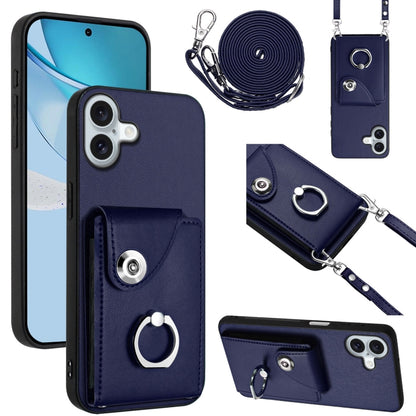 For iPhone 16 Plus Organ Card Bag Ring Holder Phone Case with Long Lanyard(Blue) - iPhone 16 Plus Cases by buy2fix | Online Shopping UK | buy2fix