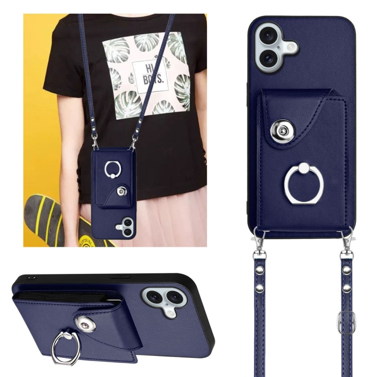 For iPhone 16 Plus Organ Card Bag Ring Holder Phone Case with Long Lanyard(Blue) - iPhone 16 Plus Cases by buy2fix | Online Shopping UK | buy2fix