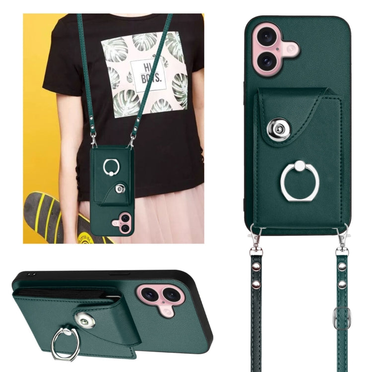 For iPhone 16 Organ Card Bag Ring Holder Phone Case with Long Lanyard(Green) - iPhone 16 Cases by buy2fix | Online Shopping UK | buy2fix