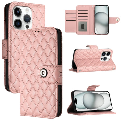 For iPhone 16 Pro Rhombic Texture Flip Leather Phone Case with Lanyard(Coral Pink) - iPhone 16 Pro Cases by buy2fix | Online Shopping UK | buy2fix