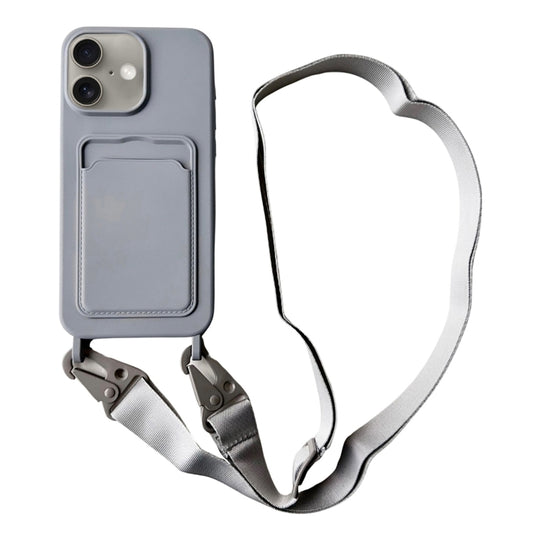 For iPhone 16 Plus Card Slot Liquid Silicone Phone Case with Lanyard(Grey) - iPhone 16 Plus Cases by buy2fix | Online Shopping UK | buy2fix