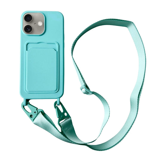 For iPhone 16 Card Slot Liquid Silicone Phone Case with Lanyard(Mint Green) - iPhone 16 Cases by buy2fix | Online Shopping UK | buy2fix