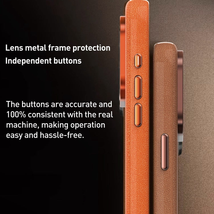 For iPhone 14 Plus Metal Lens Frame Leather Magsafe Full Coverage Shockproof Phone Case(Orange) - iPhone 14 Plus Cases by buy2fix | Online Shopping UK | buy2fix