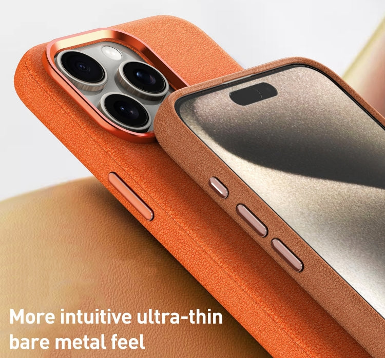 For iPhone 14 Metal Lens Frame Leather Magsafe Full Coverage Shockproof Phone Case(Orange) - iPhone 14 Cases by buy2fix | Online Shopping UK | buy2fix